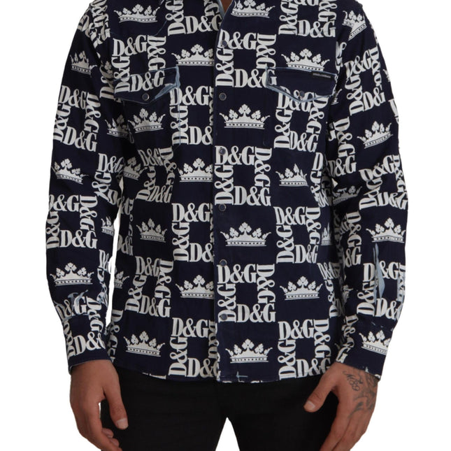 Dolce & Gabbana Blue Denim Stretch DG Crown Logo Casual Shirt
