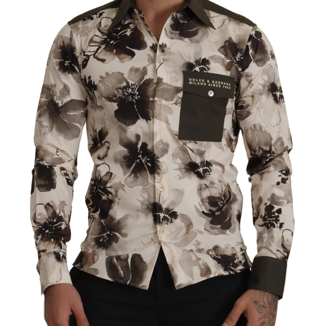 Dolce & Gabbana Green Beige Floral Cotton Stretch Exclusive Shirt