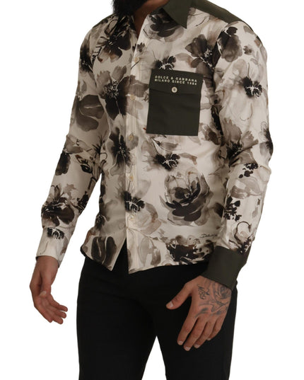Dolce & Gabbana Green Beige Floral Cotton Stretch Exclusive Shirt