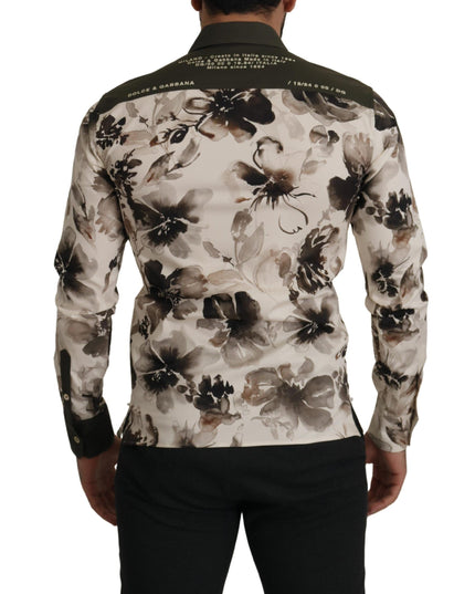Dolce & Gabbana Green Beige Floral Cotton Stretch Exclusive Shirt