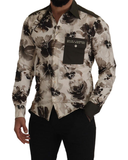 Dolce & Gabbana Green Beige Floral Cotton Stretch Exclusive Shirt