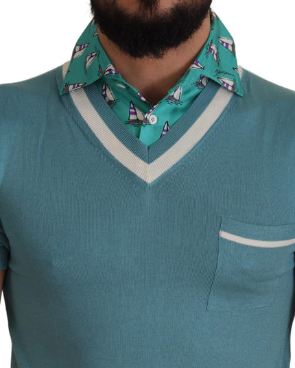 Dolce & Gabbana Blue Silk Polo Top Mens V-neck  T-shirt