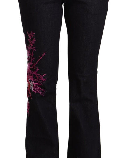 Exte Black Cotton Stretch Mid Waist Cotton Flared Denim Jeans