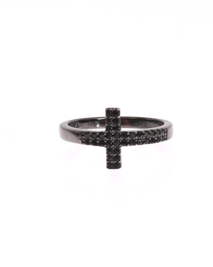Nialaya Black CZ Cross Rhodium 925 Ring