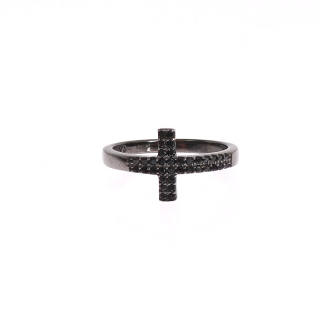 Nialaya Black CZ Cross Rhodium 925 Ring