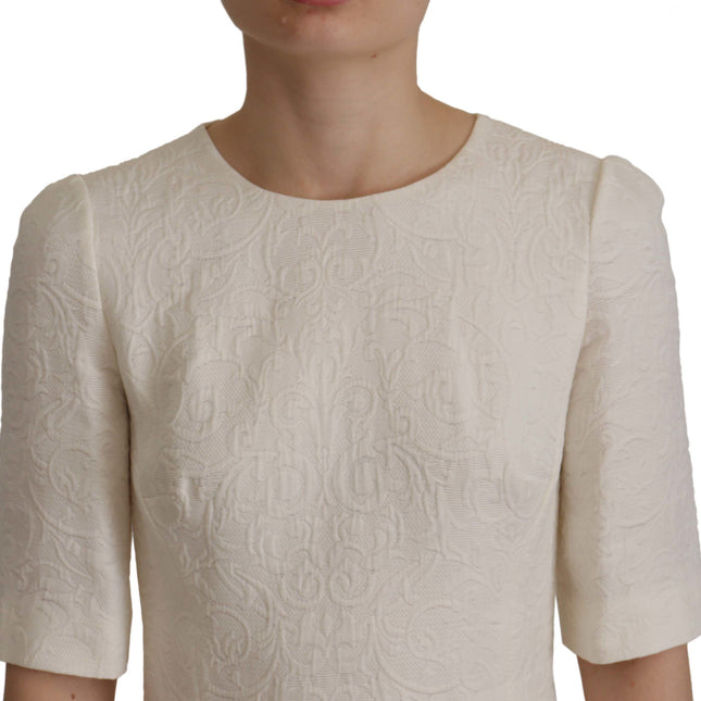 Dolce & Gabbana White Jaquard Midi Floral Sheath Brocade Dress