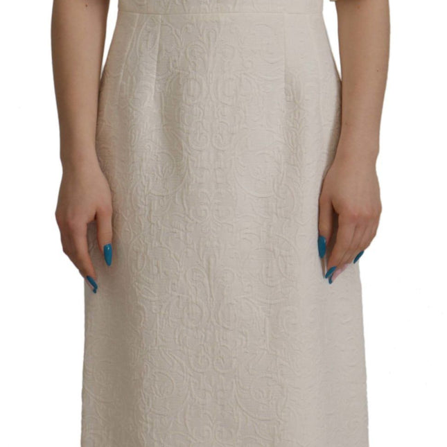 Dolce & Gabbana White Jaquard Midi Floral Sheath Brocade Dress