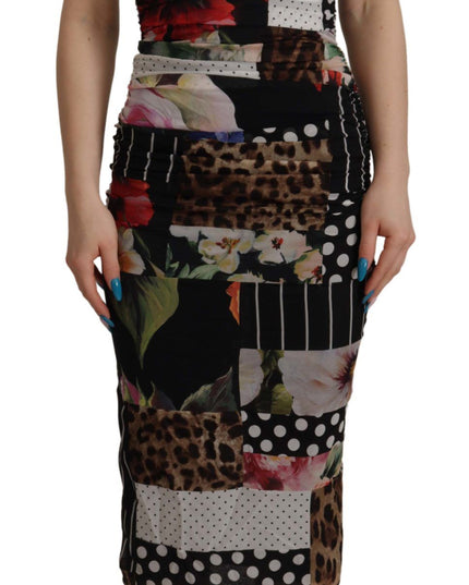 Dolce & Gabbana Multicolor Pachwork Midi Floral Silk Leopard Bodycon Dress