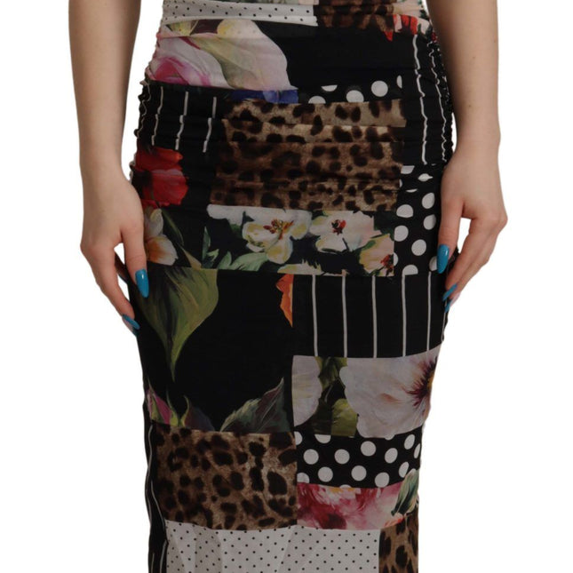 Dolce & Gabbana Multicolor Pachwork Midi Floral Silk Leopard Bodycon Dress