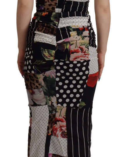 Dolce & Gabbana Multicolor Pachwork Midi Floral Silk Leopard Bodycon Dress