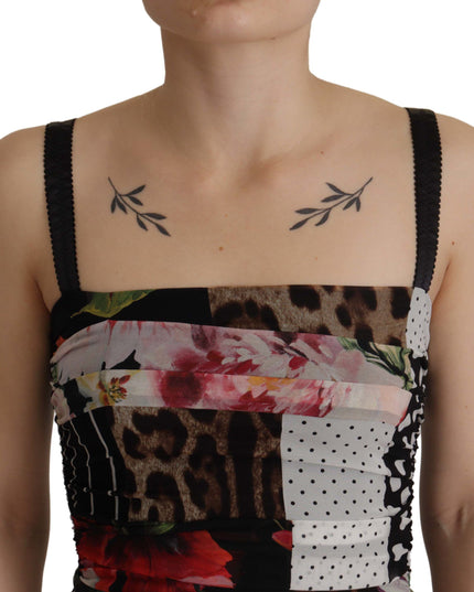 Dolce & Gabbana Multicolor Pachwork Midi Floral Silk Leopard Bodycon Dress