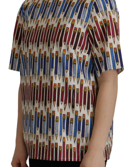 Dolce & Gabbana White Pencil Print Cotton T-shirt Blouse
