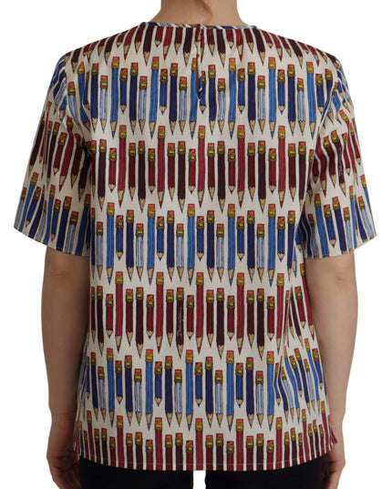 Dolce & Gabbana White Pencil Print Cotton T-shirt Blouse
