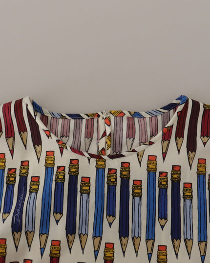 Dolce & Gabbana White Pencil Print Cotton T-shirt Blouse