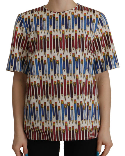Dolce & Gabbana White Pencil Print Cotton T-shirt Blouse