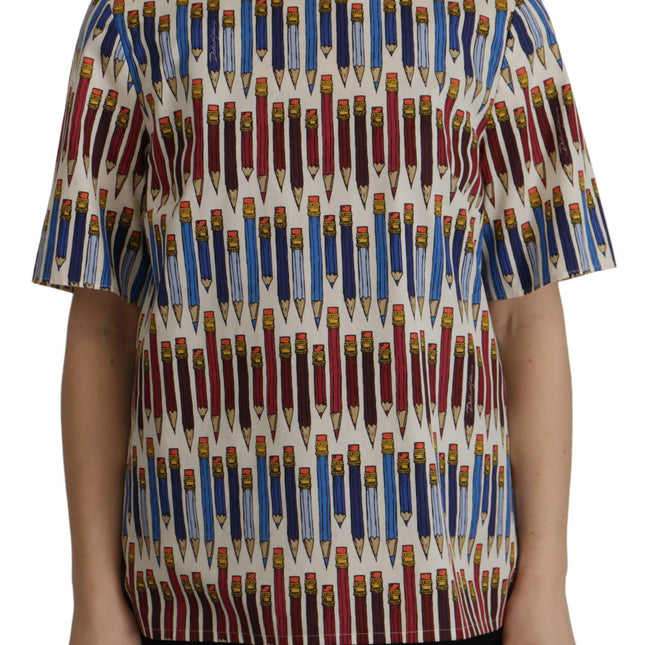 Dolce & Gabbana White Pencil Print Cotton T-shirt Blouse