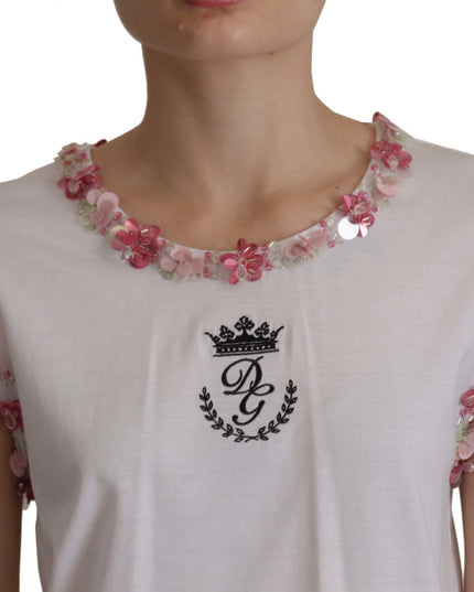 Dolce & Gabbana White DG Crown Floral Sequin T-shirt
