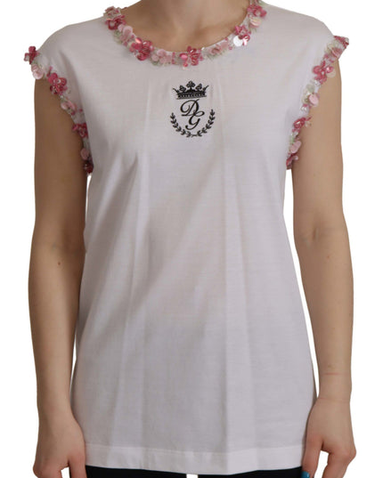 Dolce & Gabbana White DG Crown Floral Sequin T-shirt