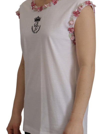 Dolce & Gabbana White DG Crown Floral Sequin T-shirt