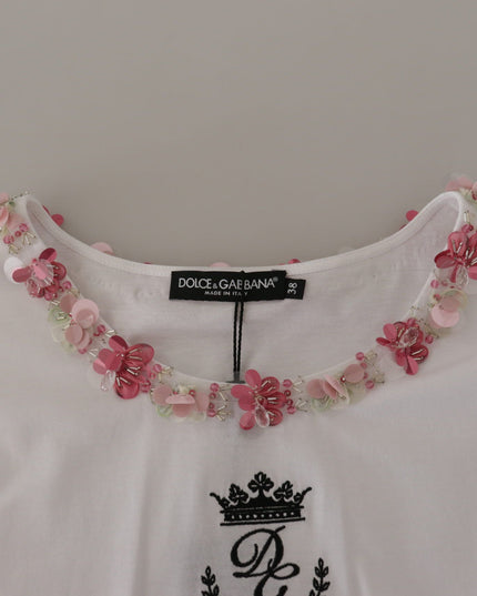 Dolce & Gabbana White DG Crown Floral Sequin T-shirt