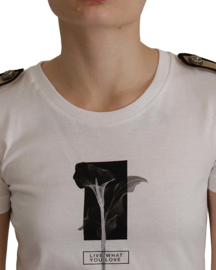 Dolce & Gabbana White Black Roses Crewneck Cotton  T-shirt
