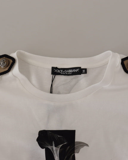 Dolce & Gabbana White Black Roses Crewneck Cotton  T-shirt