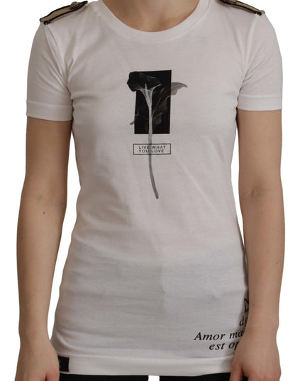 Dolce & Gabbana White Black Roses Crewneck Cotton  T-shirt
