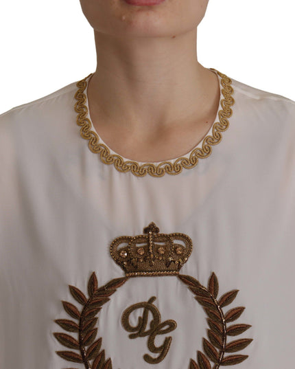 Dolce & Gabbana White Silk Gold DG Crown Crystal Blouse Top