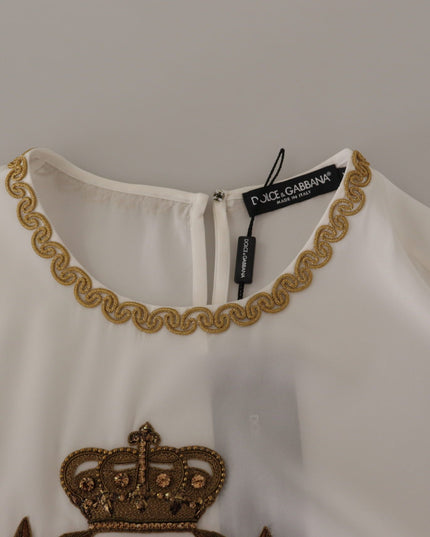 Dolce & Gabbana White Silk Gold DG Crown Crystal Blouse Top