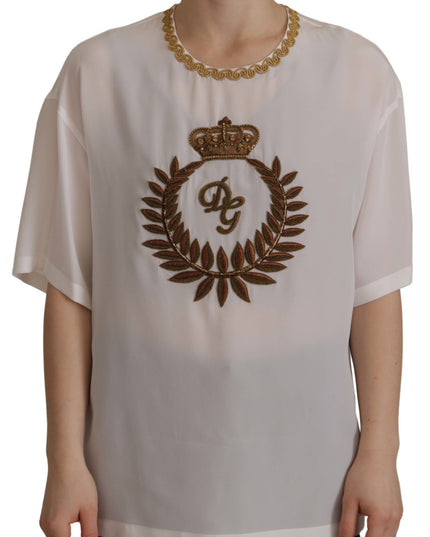 Dolce & Gabbana White Silk Gold DG Crown Crystal Blouse Top