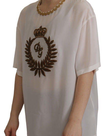 Dolce & Gabbana White Silk Gold DG Crown Crystal Blouse Top