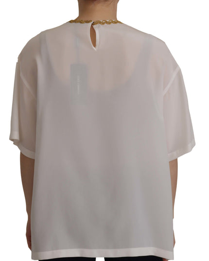 Dolce & Gabbana White Silk Gold DG Crown Crystal Blouse Top