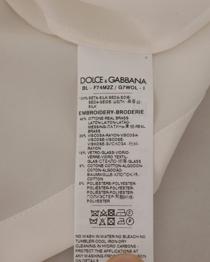 Dolce & Gabbana White Silk Gold DG Crown Crystal Blouse Top