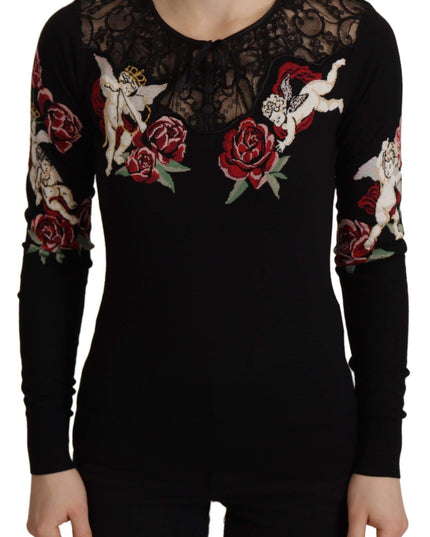 Dolce & Gabbana Black Lace Angel Roses Cardigan Sweater