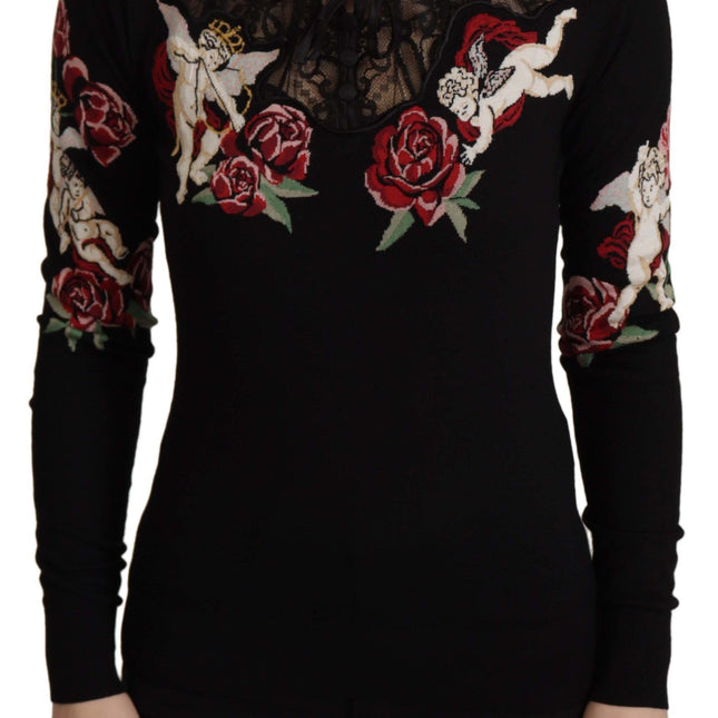 Dolce & Gabbana Black Lace Angel Roses Cardigan Sweater