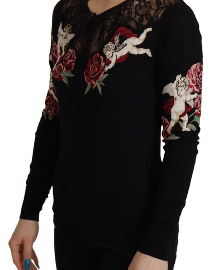 Dolce & Gabbana Black Lace Angel Roses Cardigan Sweater