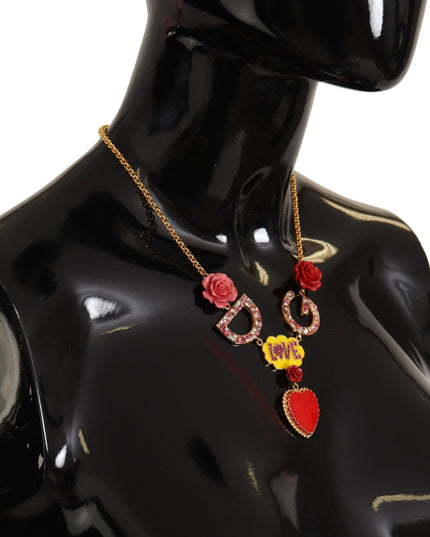 Dolce & Gabbana Gold Rose Love Crystal Charm Chain Necklace