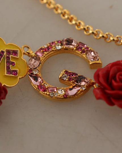 Dolce & Gabbana Gold Rose Love Crystal Charm Chain Necklace