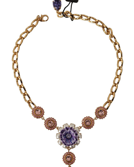Dolce & Gabbana Gold Brass Crystal Purple Pink Pearl Pendants Necklace