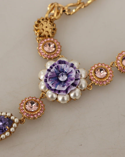 Dolce & Gabbana Gold Brass Crystal Purple Pink Pearl Pendants Necklace