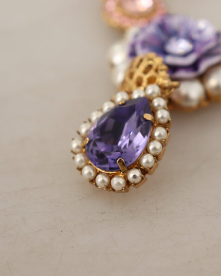 Dolce & Gabbana Gold Brass Crystal Purple Pink Pearl Pendants Necklace