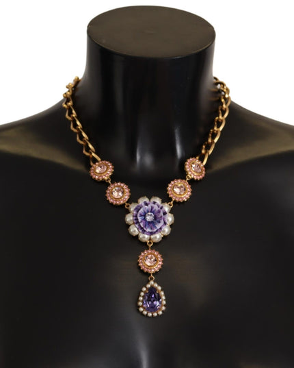 Dolce & Gabbana Gold Brass Crystal Purple Pink Pearl Pendants Necklace
