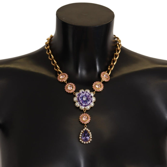 Dolce & Gabbana Gold Brass Crystal Purple Pink Pearl Pendants Necklace