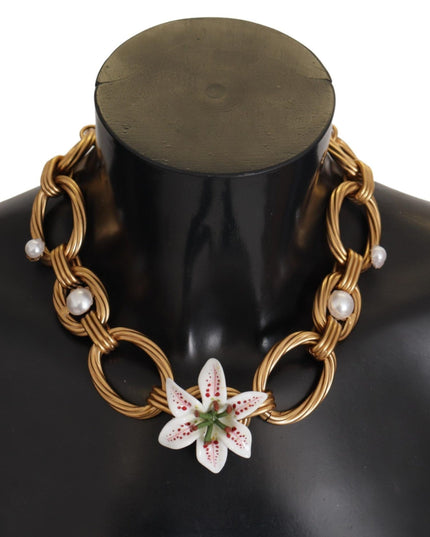 Dolce & Gabbana Gold White Lily Floral Chain Statement Necklace