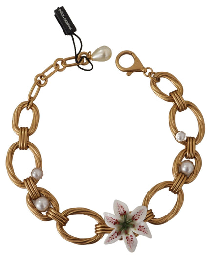 Dolce & Gabbana Gold White Lily Floral Chain Statement Necklace