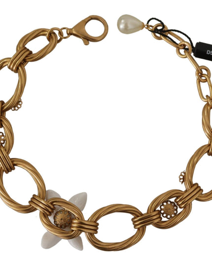 Dolce & Gabbana Gold White Lily Floral Chain Statement Necklace