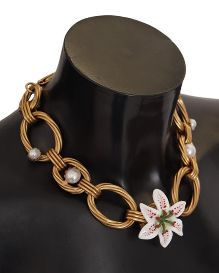 Dolce & Gabbana Gold White Lily Floral Chain Statement Necklace