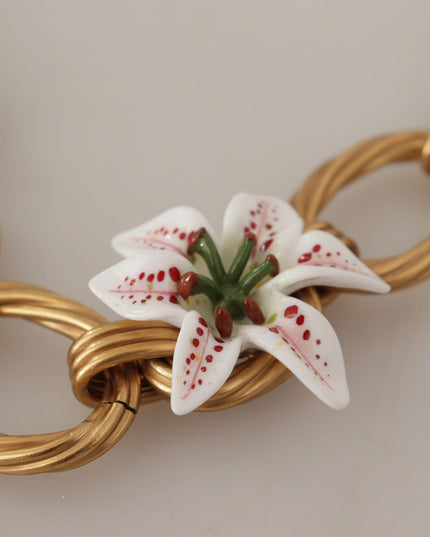 Dolce & Gabbana Gold White Lily Floral Chain Statement Necklace
