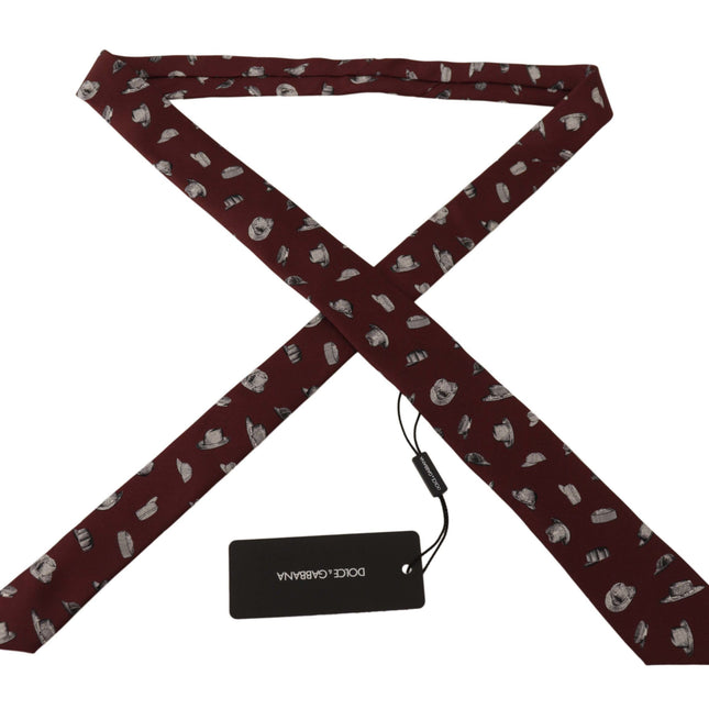 Dolce & Gabbana Maroon Hat Pattern 100% Silk Adjustable Accessory Tie