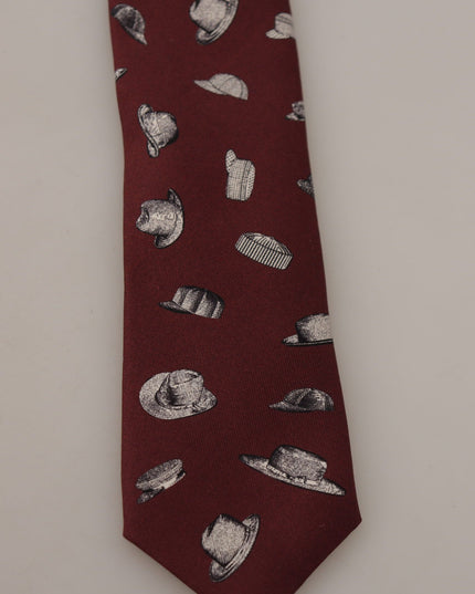 Dolce & Gabbana Maroon Hat Pattern 100% Silk Adjustable Accessory Tie